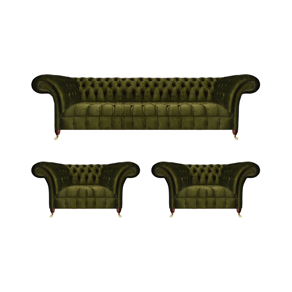 Chesterfield Green Sofa Set 3pc Luxury Complete Textile Sofas New Furnishings