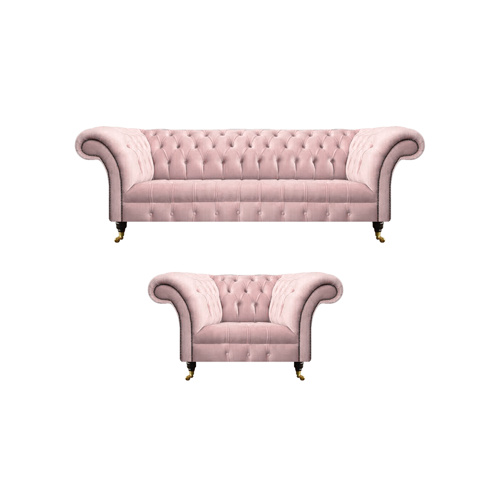 Chesterfield Pink Complete 2 Piece Three Seater Sofa Luxury Armchair Upholstered Furniture