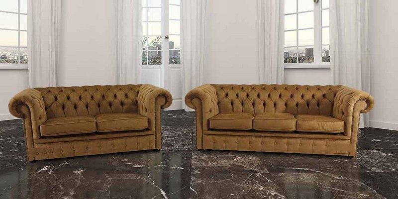 Chesterfield 3+2 Seaters Sofa Set Brown Textile Couches Comfortable Amazing Furniture New