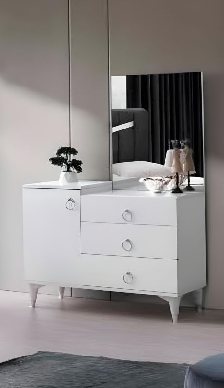 Chest of Drawers with Mirror Modern Rectangular Design for Bedroom in White