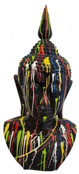 Abstract decorative figure designed as a gloss black colored buddha bust in colorful stripes 117cm (A716)