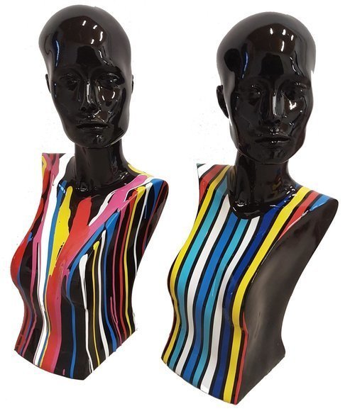 Abstract decorative sculpture designed as black colored woman bust in colorful stripes 58cm