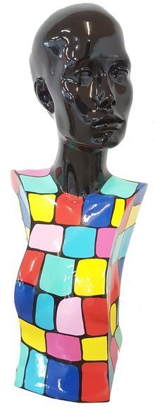 Abstract decorative sculpture designed as black colored woman bust in colorful square patterns 58cm