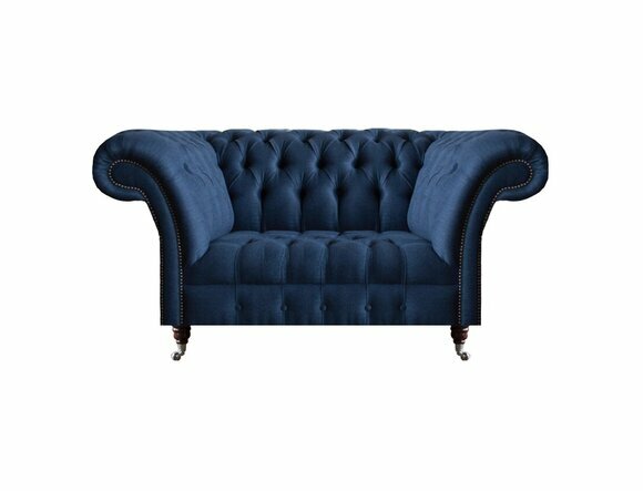 Elegant Chesterfield Two Seater Blue Textile Sofa Living Room Couches