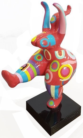 Gloss massive abstract decorative sculpture designed as a standing pink figure in colorful patterns 50cm