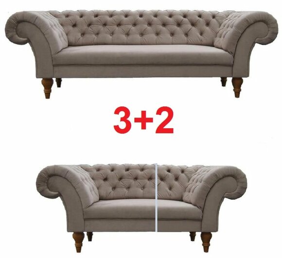 Sofa Set 3+2 Seaters Classic Chesterfield With Buttons Textile Beige Cover Comfortable New