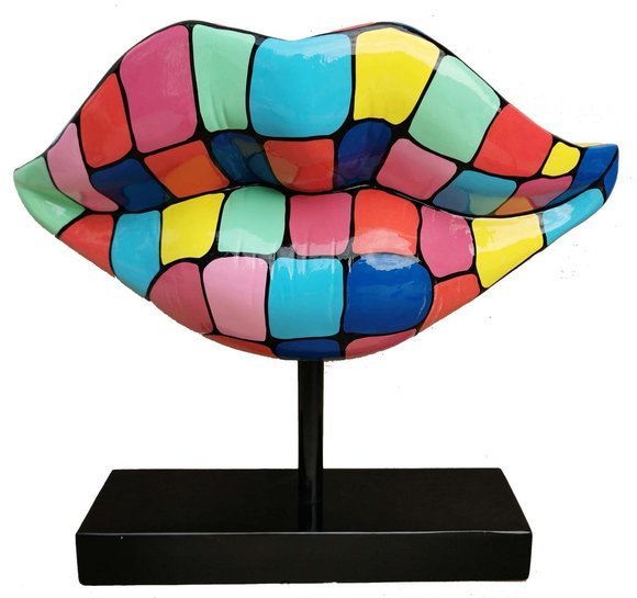 Abstract decorative sculpture designed as a lips in colorful square patterns on a black stand 45cm