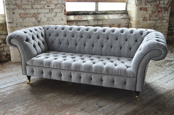 Chesterfield Sofa 3-Seater Light Grey Textile Upholstery Comfortable Living Room Couch on Castors New