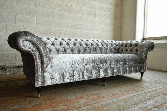 Chesterfield XXL 4-Seater Sofa Grey Luxurious Design Textile Velvet Upholstered Comfortable With Casters New