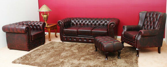 Chesterfield Sofa Set 3+1 Seaters Wing Chair Stool Red Brown Couches Comfortable New