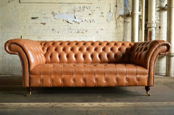 Chesterfield Sofa 3-Seater Orange Brown Faux Leather Shiny Upholstery Comfortable Couch With Castors