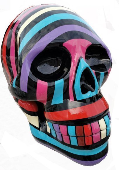 Abstract decorative sculpture designed as a black gloss skull in colorful stripes 58cm