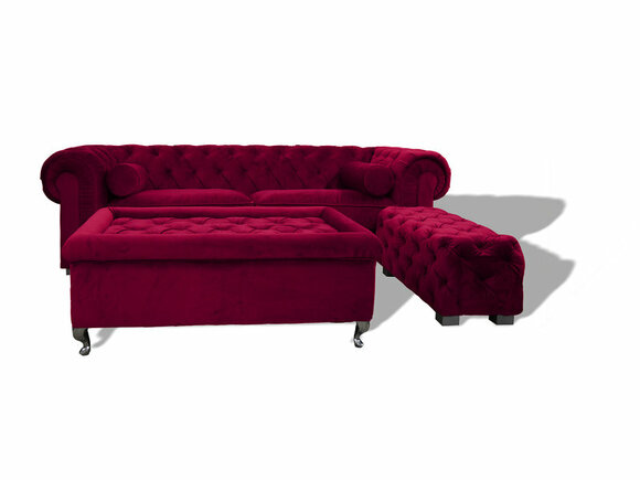 Chesterfield Sofa 3-Seater Dark Pink Textile With Buttons Comfortable Couch With Cushions New