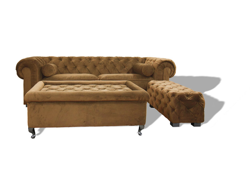 Chesterfield Sofa 3-Seater Textile Brown Beige Comfortable Couch Amazing Furniture - Best Price & Quality Online at jvfurniture.co.uk