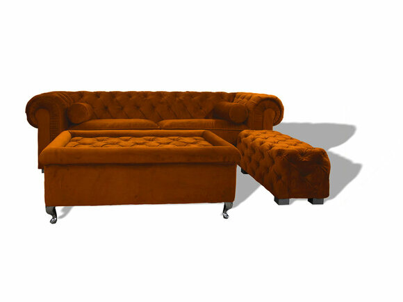 Chesterfield 3-Seater Sofa Upholstered Orange Modern Design Textile Fabric Cover New Comfortable