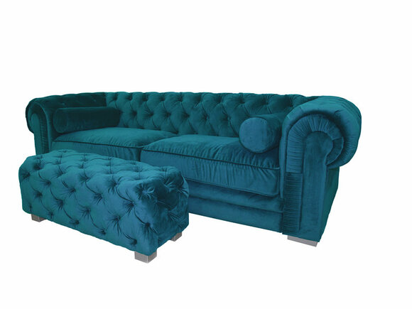 Chesterfield Sofa 3-Seater Turquoise Blue Textile Upholstered Comfortable Cushions Couch New