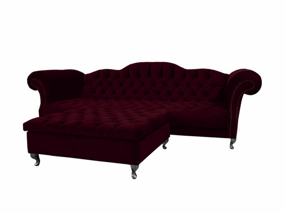 Chesterfield Classic Sofa 3-Seater Red Purple Textile Fabric Royal Backrest Rolled Armrest New