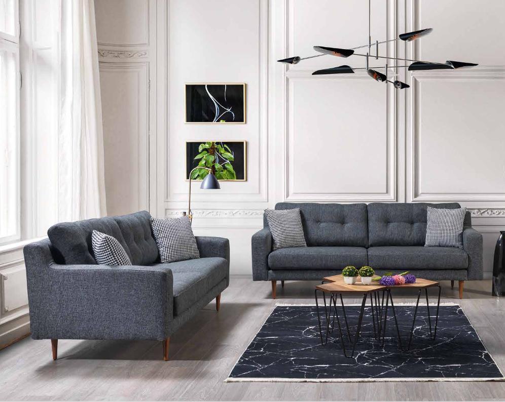 Gray living room sofa set, luxurious 2x upholstered sofas, textile furniture