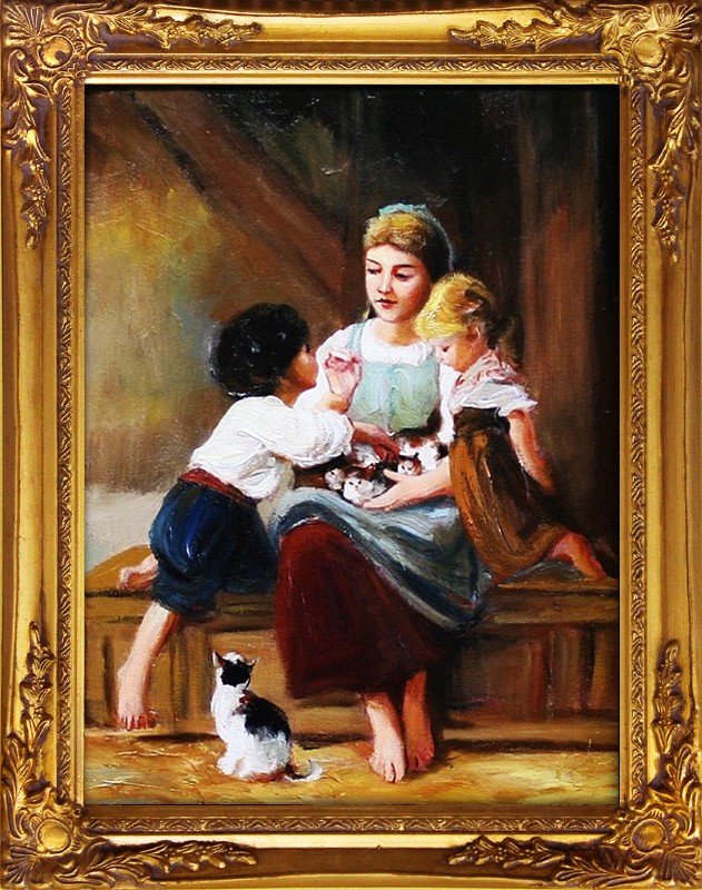 Children Classic Painting Oil Picture Real Wood Gold Frame Oil 003377