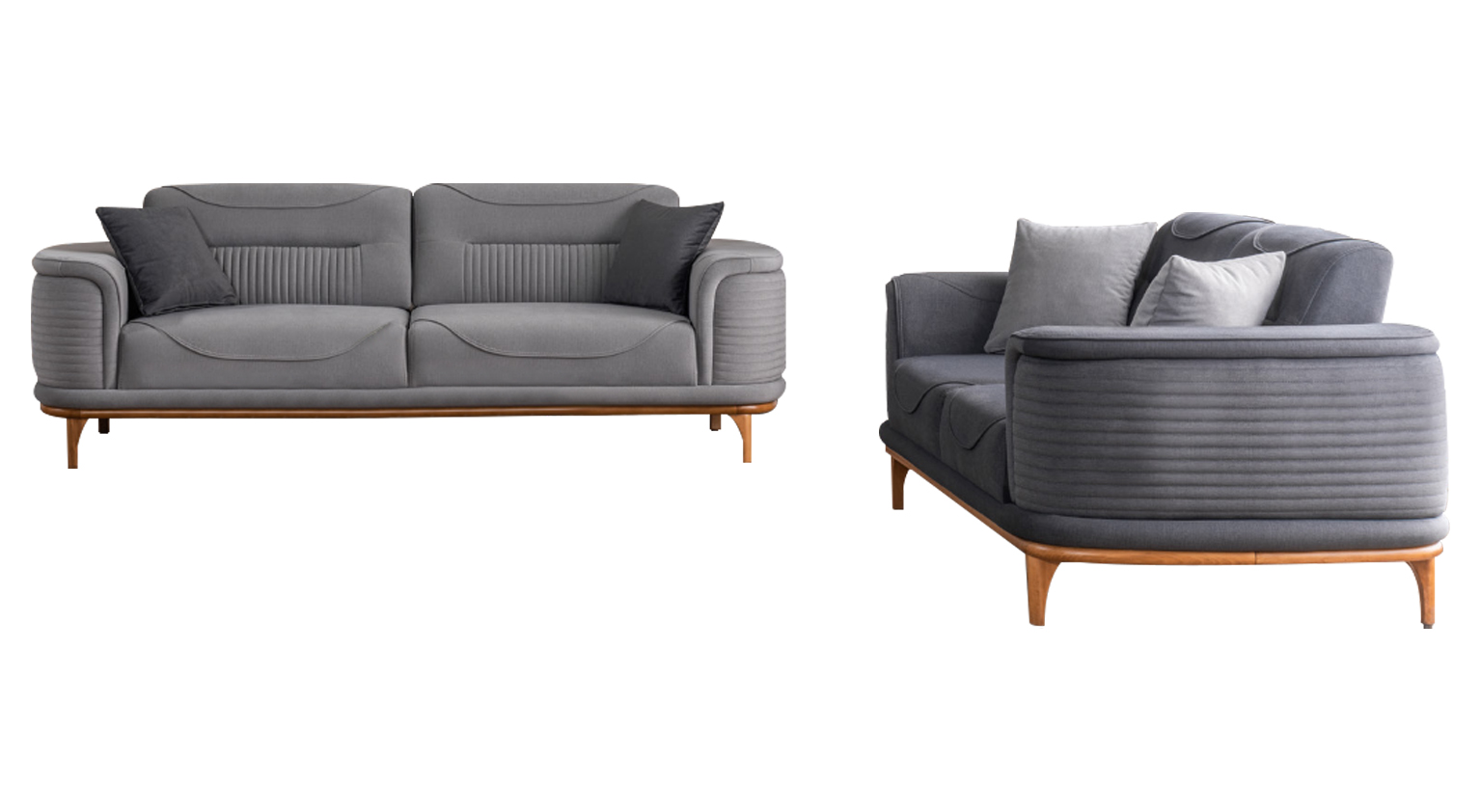 Luxurious sofa set with 2-piece three-seater sofas made of grey textile