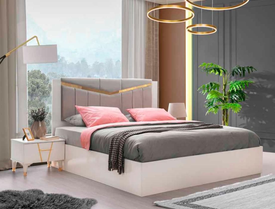 Bedroom Set Contains Bed 2x Bedside Tables Rectangular Modern Design White