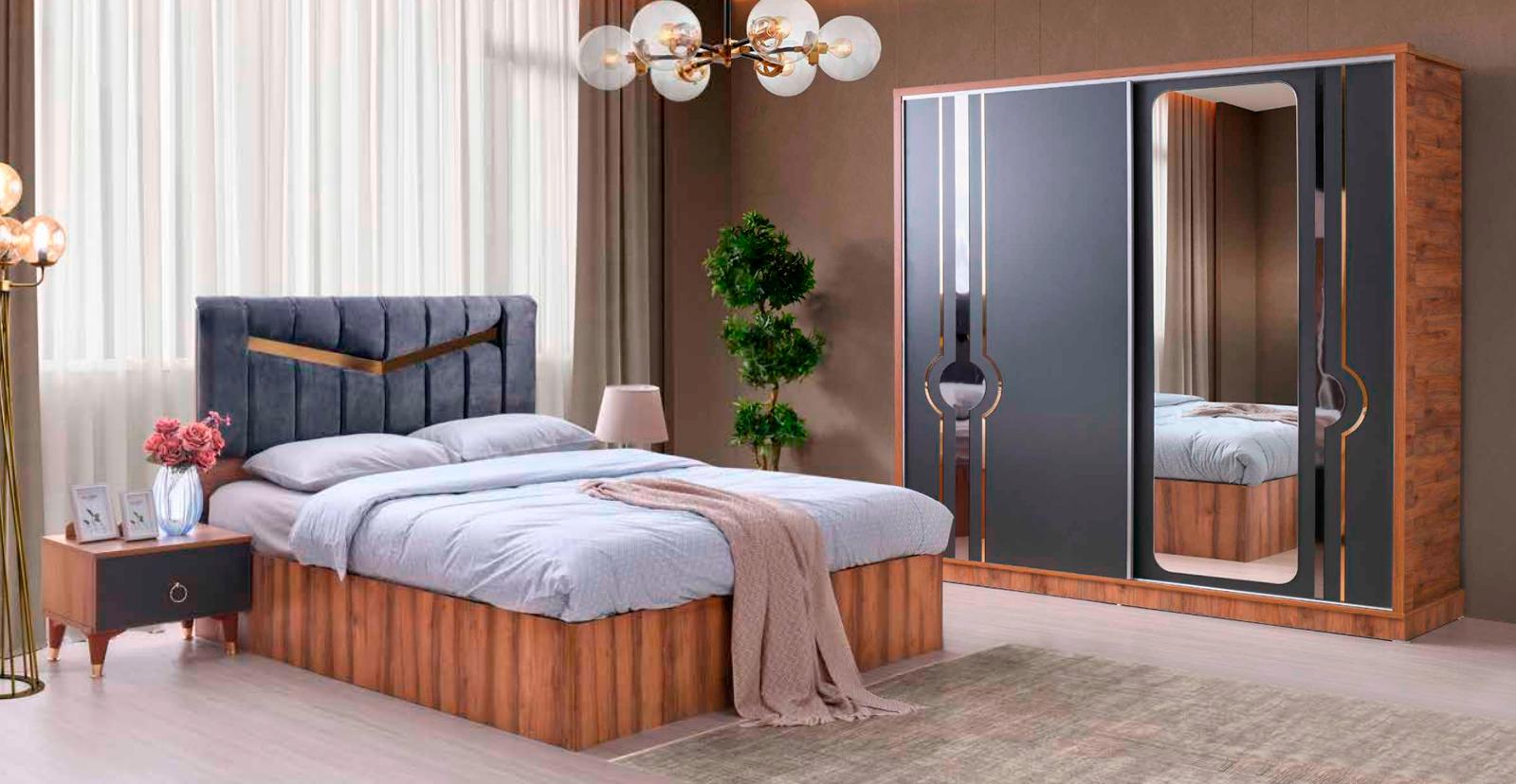 Bedroom set 4-piece bed bedside tables wardrobe two tone grey brown
