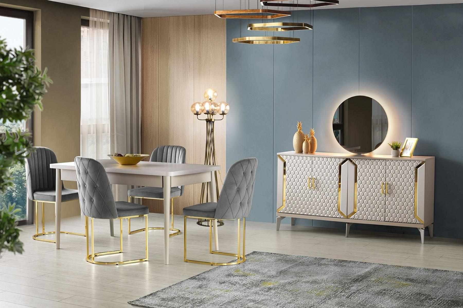 Dining room set 6 pieces dining table chairs sideboard with mirror modern monochrome grey