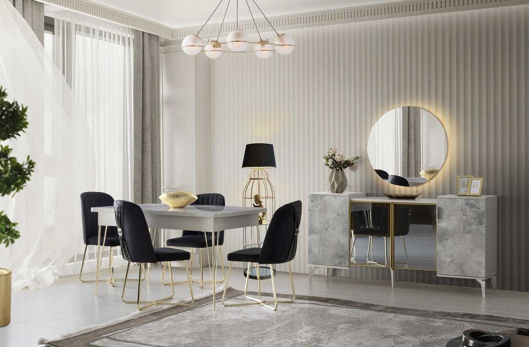 Dining room set 6 pieces dining table chairs sideboard with mirror sideboard modern grey