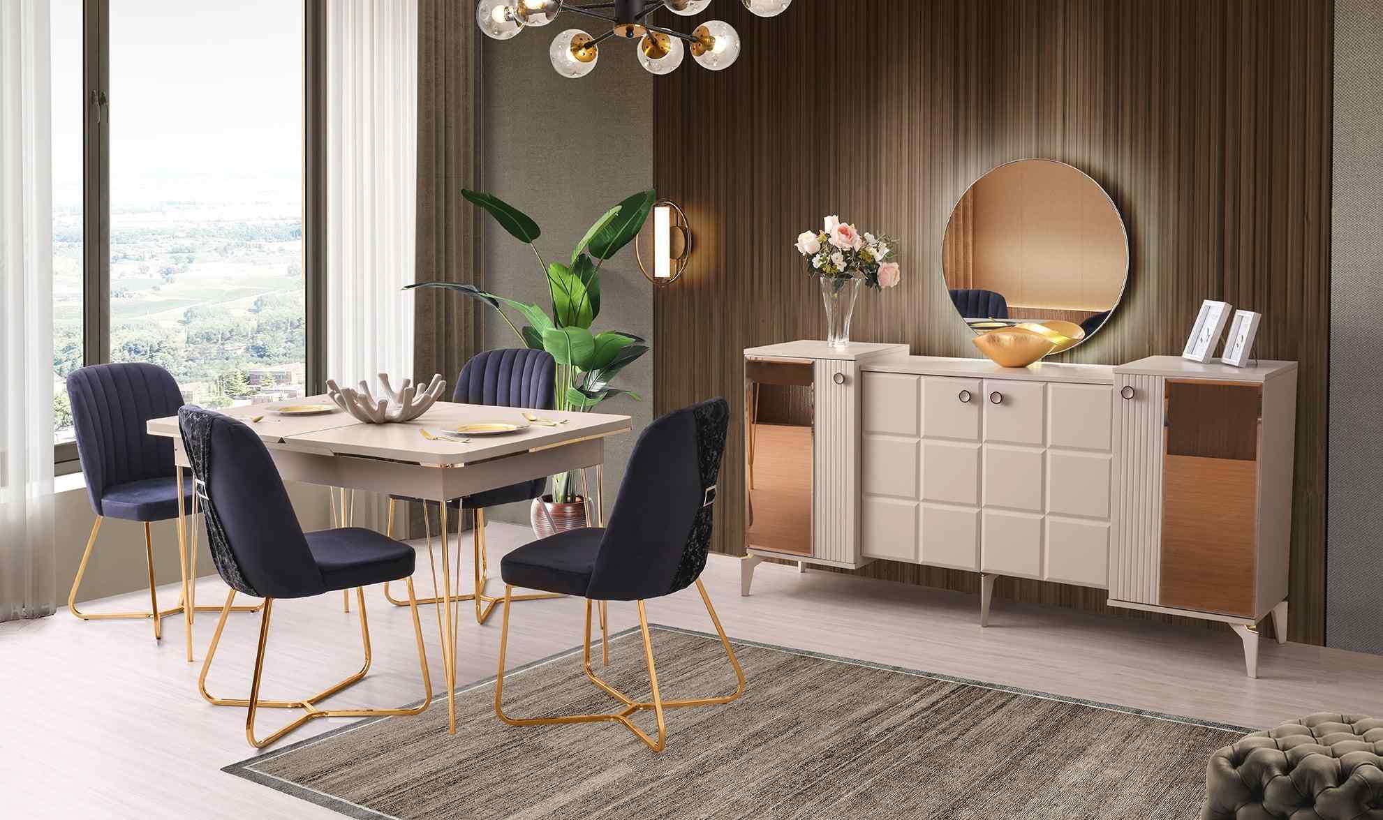 Dining room set 6 pieces dining table chairs sideboard with mirror modern design beige gold