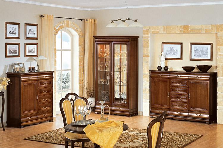 Living room classic wooden set of 2x chairs, chest of drawers, sideboard, showcase & round table model - Neptune 4