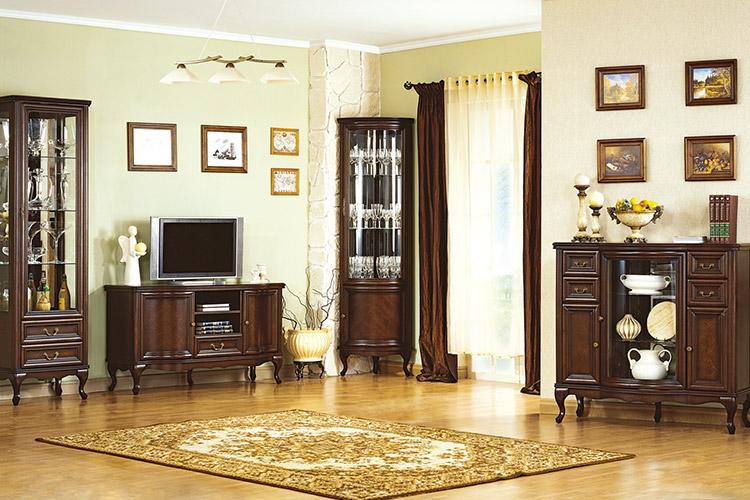 Living room wooden set of TV lowboard, sideboard & 2x showcases with sliding door & swing doors in classic style italian furniture wersal collection