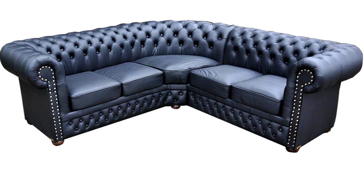 Chesterfield Corner Sofa L-Shaped Blue Faux Leather Couch Comfortable Sofa With Cushions