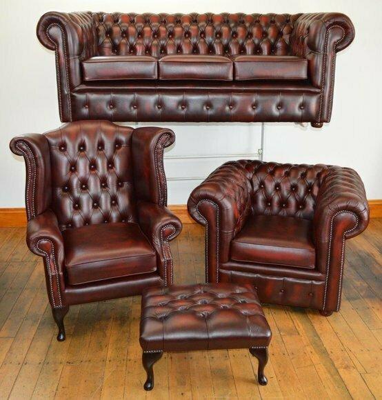 Chesterfield Classic Sofa Set 3+1 Seaters + Wing Chair + Stool Faux Leather Brown Red Upholstered New