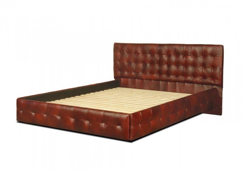 Classic style leather upholstered massive platform double bed made of real wooden frame model Elizabeth simple