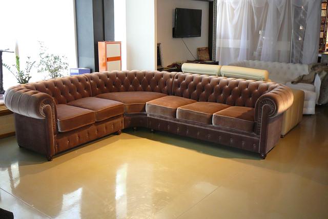 Chesterfield Corner Sofa L-Shaped Couch Textile Velvet Fabric Comfortable Brown Sofa New