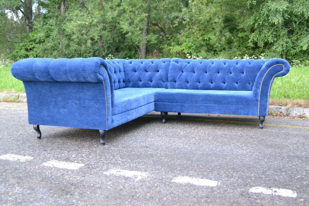 Chesterfield Corner Sofa With Tall Armrests Blue Textile Upholstered L-Shaped Couch New