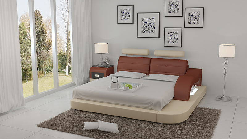 Modern style designer double bed/waterbed leather upholstered made of real wooden frame multifunctional