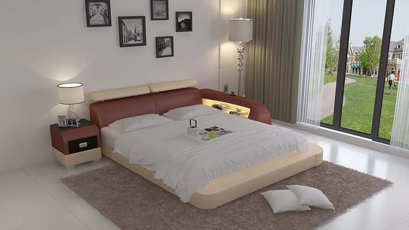 Multifunctional leather upholstered double bed/waterbed for marriage couple in modern style made of real wooden frame
