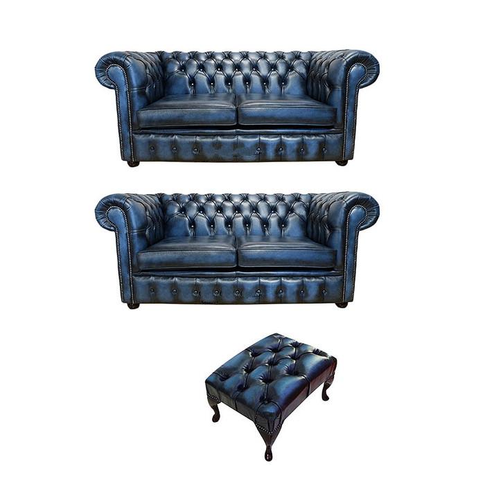 Chesterfield Sofa Set 2+2 Seaters + Footstool Comfortable Dark Blue Faux Leather Cover New