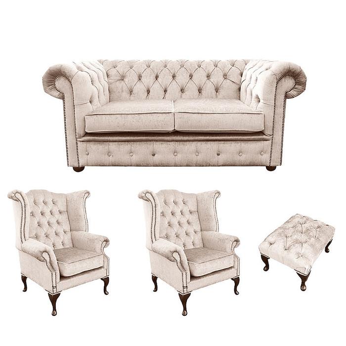 Chesterfield Sofa Set 3-Seater + 2x Wing Chairs + Stool Light Beige Comfortable Couches New