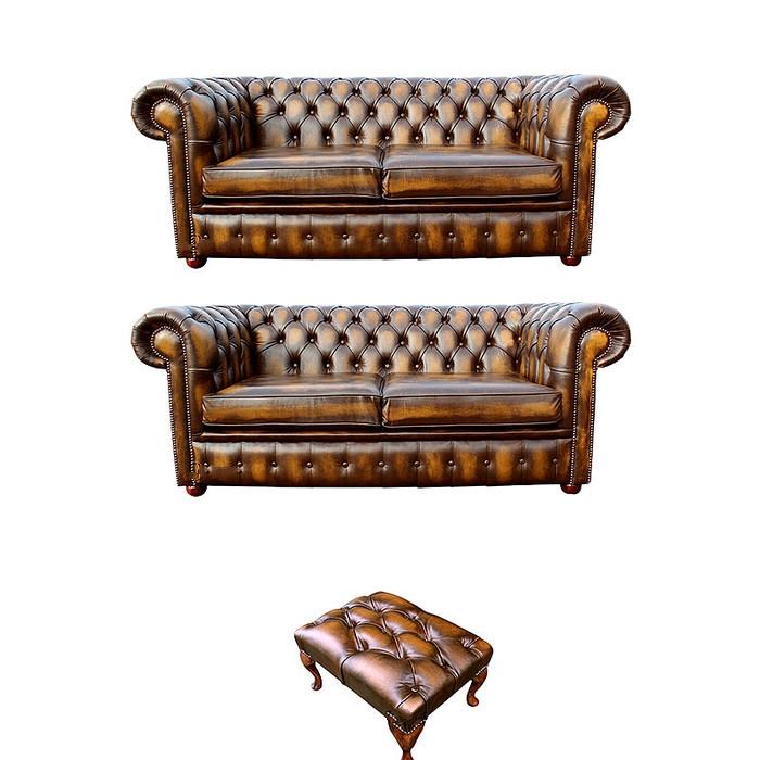 Chesterfield Sofa Set 2+2 Seaters + Stool Faux Leather Classic Brown 3-Piece Sofa Set New