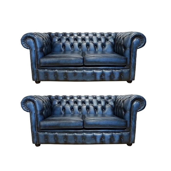 Chesterfield Sofa Set 2+2 Seaters Blue Faux Leather Classic Design Comfortable Couches with Cushions New