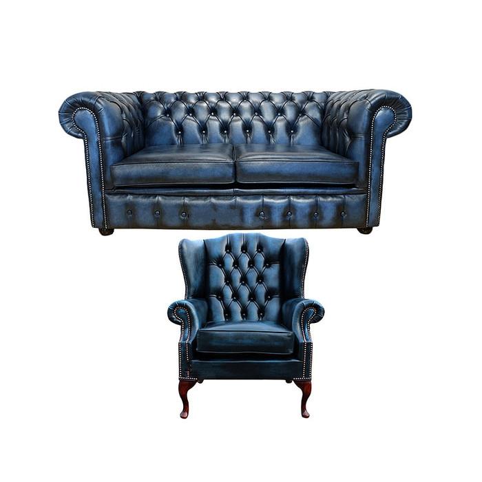 Chesterfield 2-Seater + Wing Chair Premium Faux Leather Blue With Cushions Luxurious Comfort New