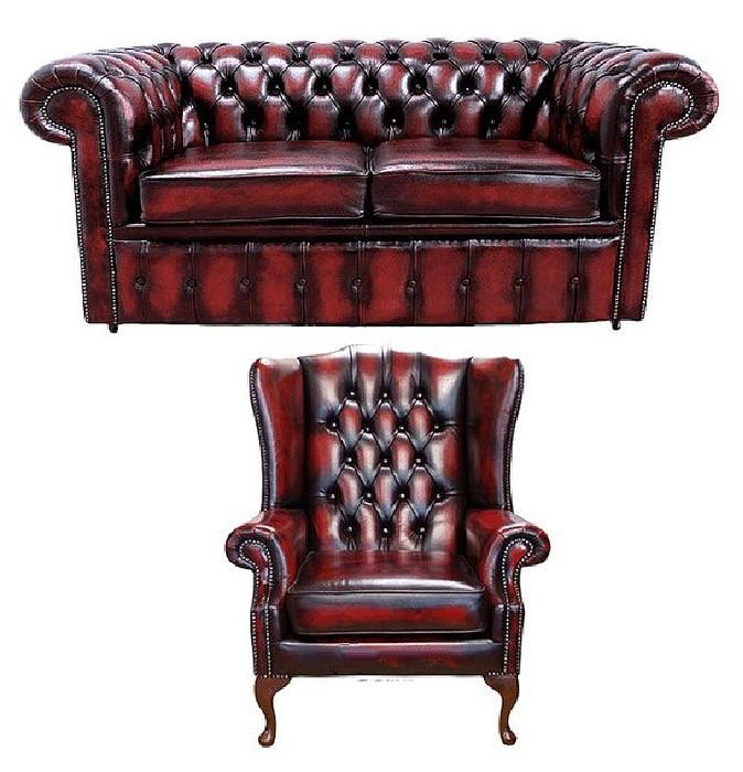 Classic Chesterfield Sofa 2-Seater + Wing Armchair Red Faux Leather Comfortable with Cushions New