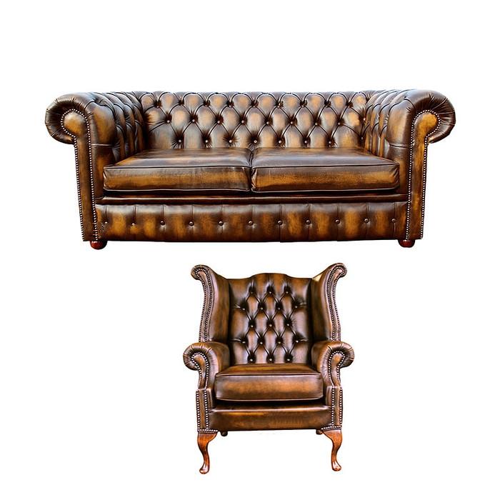 Chesterfield Style Sofa Set 2-Seater + Wing Chair Upholstered Brown Classic Faux Leather Comfortable Shiny New