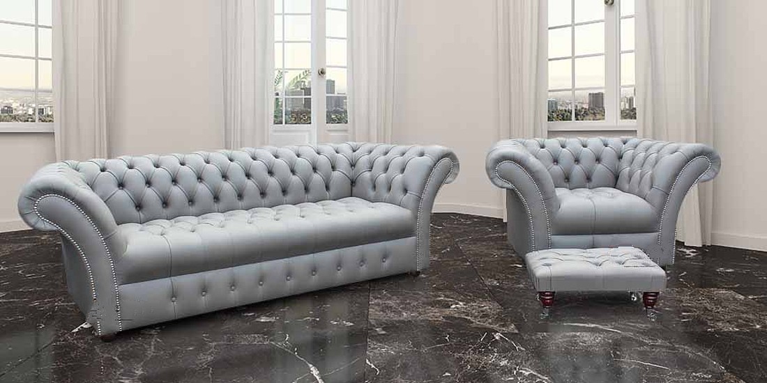 Buy Chesterfield 3-piece Sofa Set 4+1 Seaters + Stool XXL Couch Light Grey Faux Leather Cover New