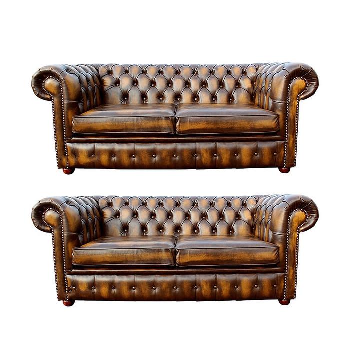 Chesterfield Sofa Set 2+2 Seaters Shiny Brown Faux Leather Upholstered Comfortable Couch New