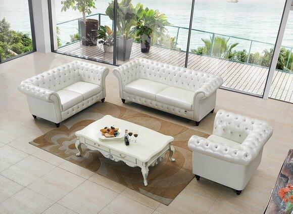 Chesterfield Sofa Set 3+2+1 Seaters White Faux Leather Couches Comfortable New