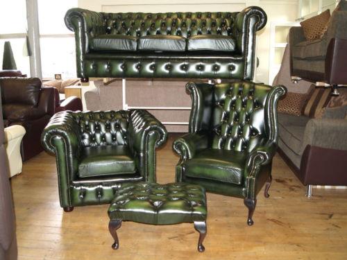 Chesterfield Classic Sofa Set 3+1 Seaters + Wing Chair Green Faux Leather Upholstered New