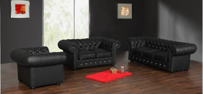Complete Chesterfield Sofa Set 3+2+1 Seaters Black 100% Full-grain Real Leather Couches New - Available Immediately -Sofort